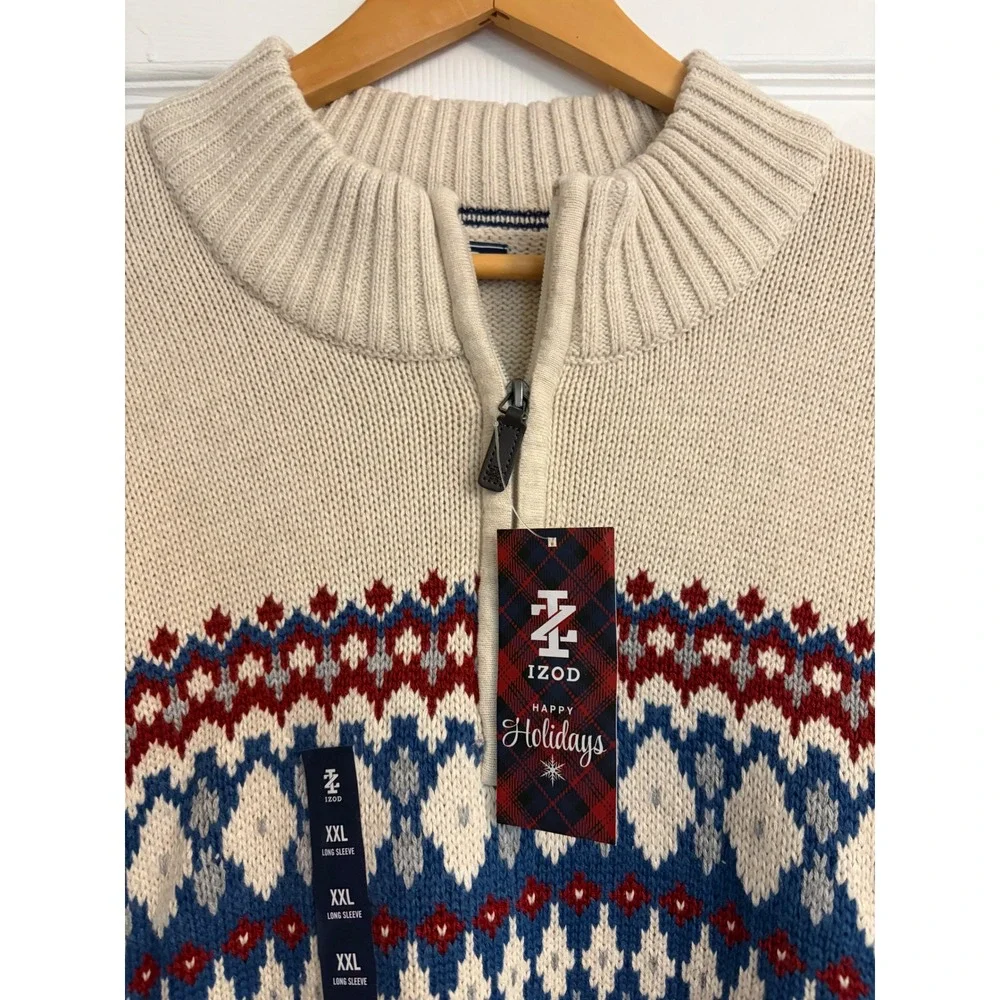 New IZOD XXL Quarter Zip Fair Isle Sweater Cream Blue Red Holiday Cotton Blend